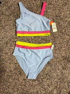 Kids Light Blue One-Piece Swimsuit with Pink & Neon Yellow Accents
